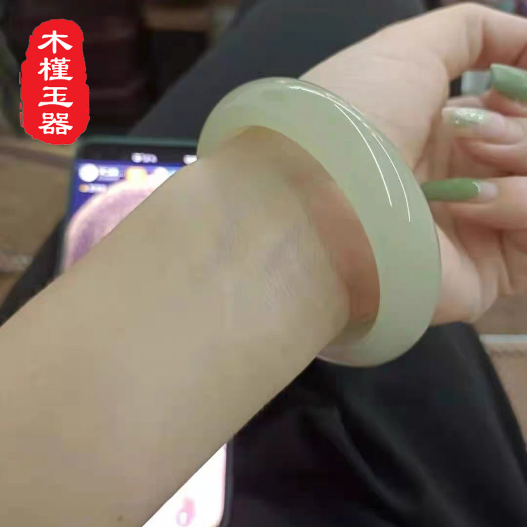 Natural Authentic Xinjiang Hetian White Jade Oil Green Bracelet Women's Jade Girl round Bar Jade Bracelets to Give Mom