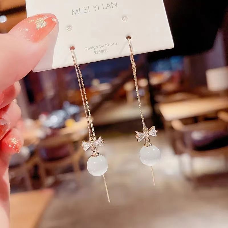 2022 internet celebrity white opal earrings summer super fairy bow long fringed earring thread senior elegant earrings