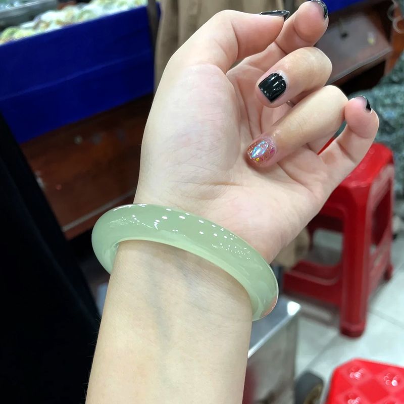 Natural Authentic Xinjiang Hetian White Jade Oil Green Bracelet Women's Jade Girl round Bar Jade Bracelets to Give Mom