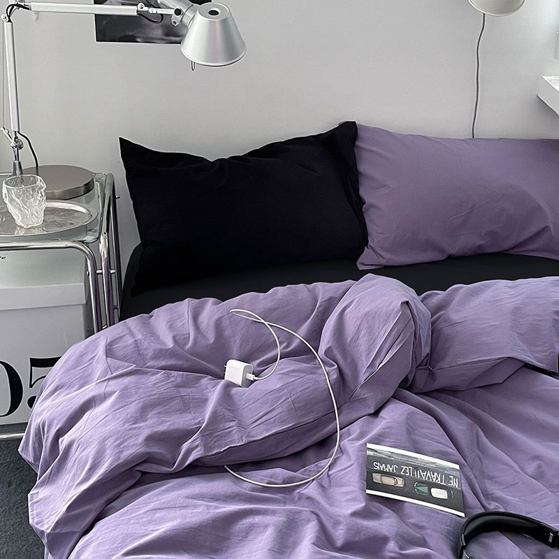 ins simple good-looking black and purple mixed quilt cover four-piece bedding set bed sheet duvet cover dormitory bed three-piece set