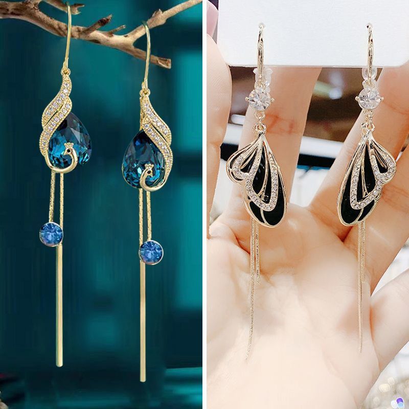 Blue Crystal Phoenix Earrings High-Grade Light Luxury Phenix Dance in the Sky Peacock Earrings Anti-Passing Graceful Earrings