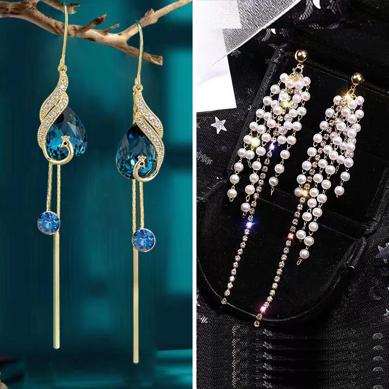 Blue Crystal Phoenix Earrings High-Grade Light Luxury Phenix Dance in the Sky Peacock Earrings Anti-Passing Graceful Earrings