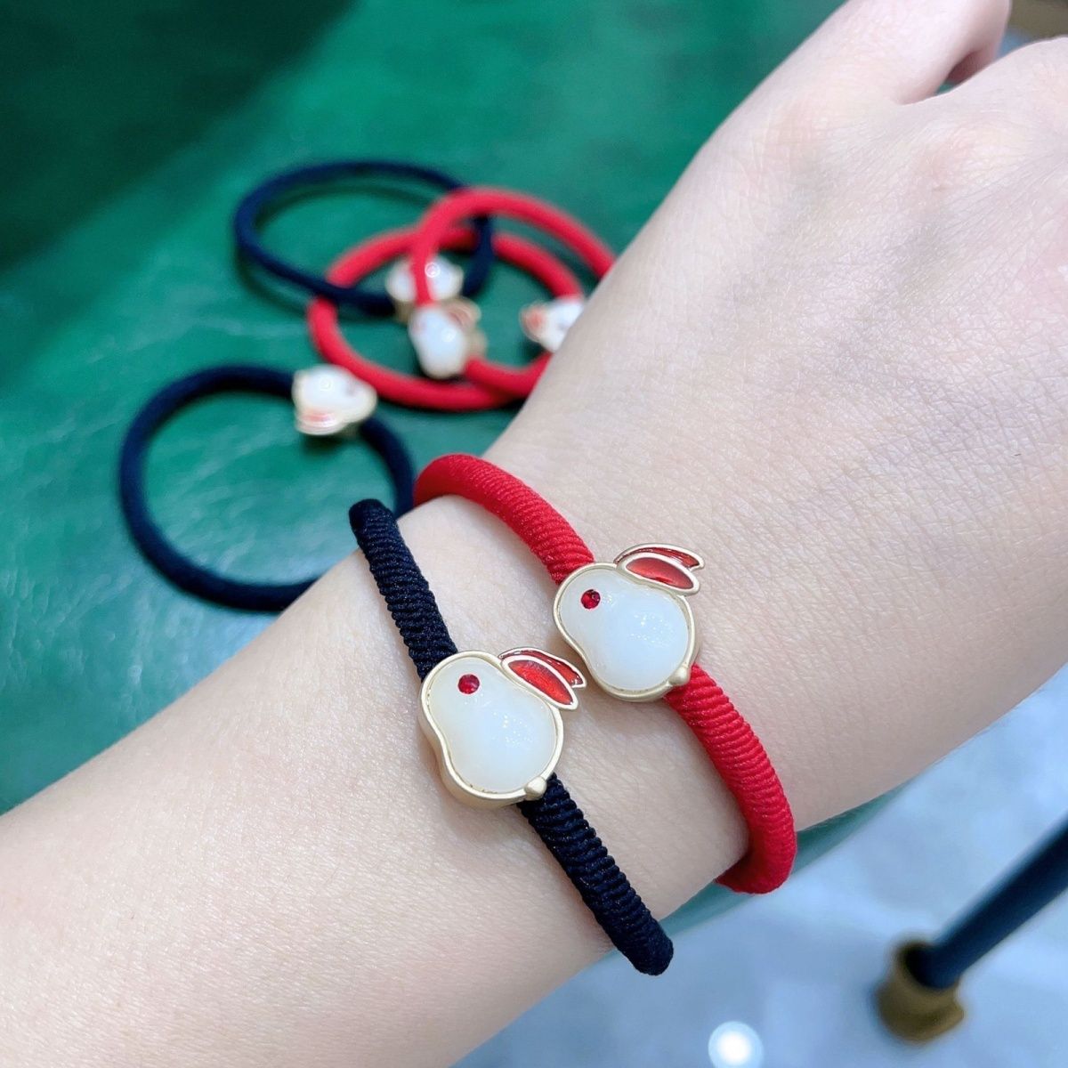 New Year Red White Jade Hare Hair Rope Chinese Zodiac Sign of Rabbit Bracelet Lucky Bunny Hair Ring Girlfriends' Gift Small Rubber Band Carrying Strap Women