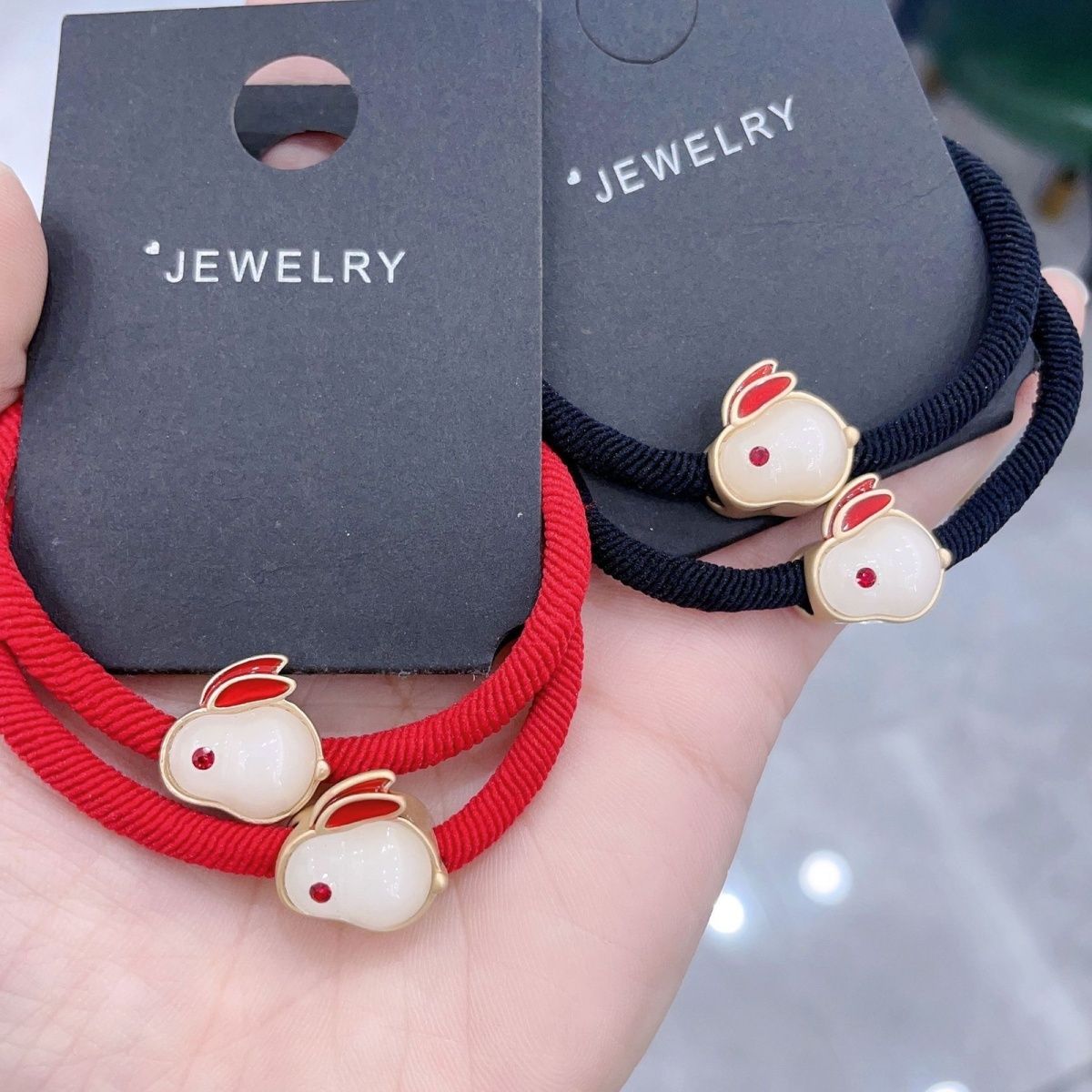 New Year Red White Jade Hare Hair Rope Chinese Zodiac Sign of Rabbit Bracelet Lucky Bunny Hair Ring Girlfriends' Gift Small Rubber Band Carrying Strap Women