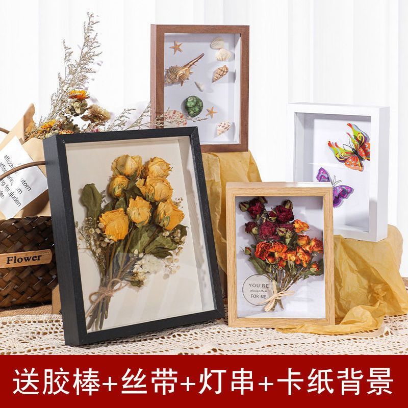 Handmade DIY Three-Dimensional Hollow Dried Flower Photo Frame Send Girls Birthday Gifts Creative Tissue Rose Preserved Fresh Flower Table Decoration