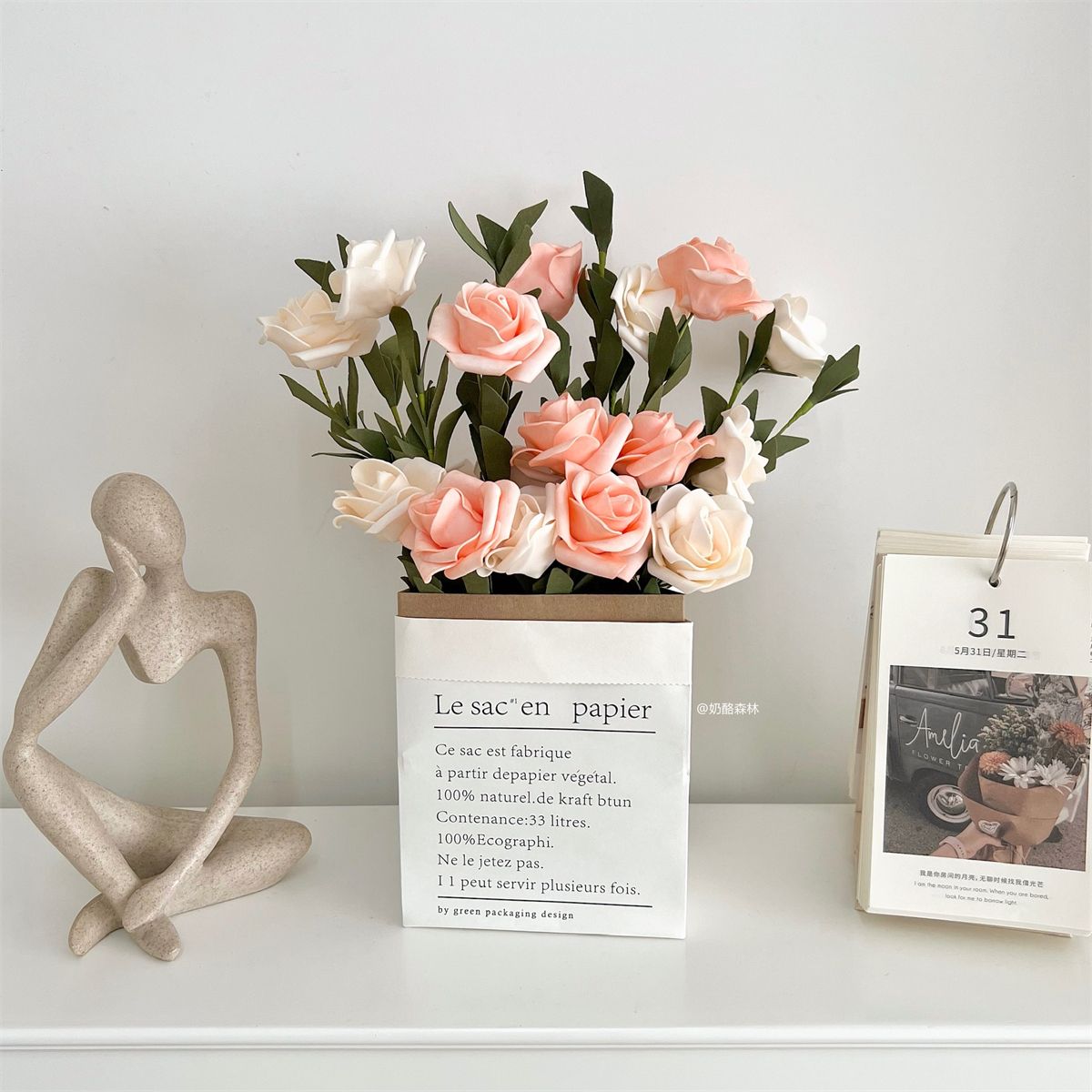 ins style artificial rose french romantic fake flower decoration retro kraft paper bag bridal bouquet photo props