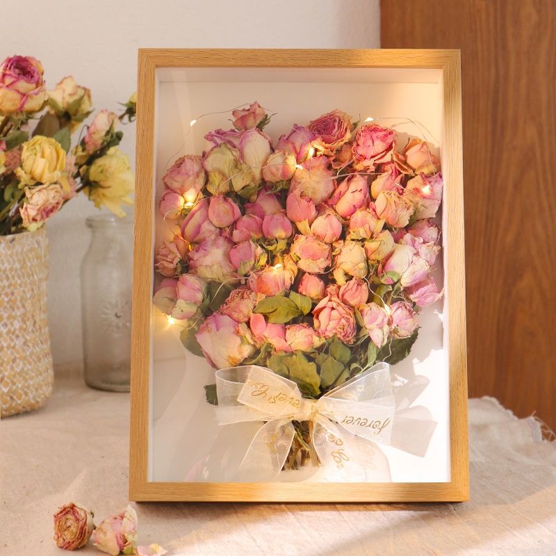 Handmade DIY Three-Dimensional Hollow Dried Flower Photo Frame Send Girls Birthday Gifts Creative Tissue Rose Preserved Fresh Flower Table Decoration