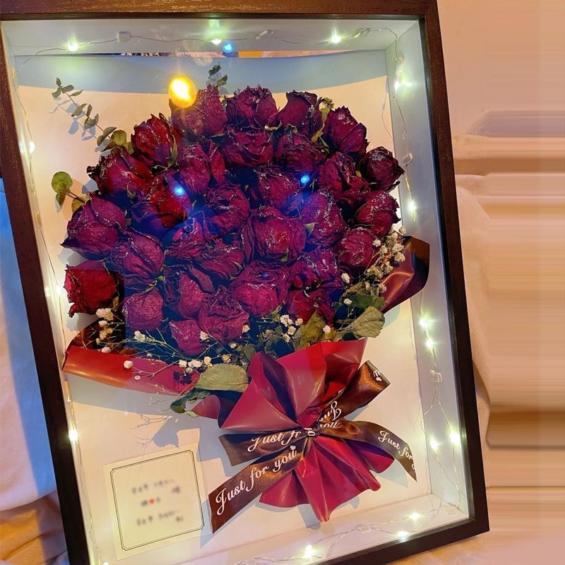 Handmade DIY Three-Dimensional Hollow Dried Flower Photo Frame Send Girls Birthday Gifts Creative Tissue Rose Preserved Fresh Flower Table Decoration