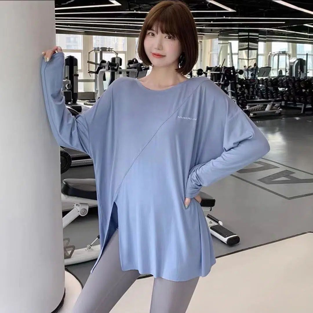 Workout Clothes Long Sleeve Yoga Jacket Split Sports Top Women Loose Running Smock Quick-Drying T-shirt plus Size Plump Girls