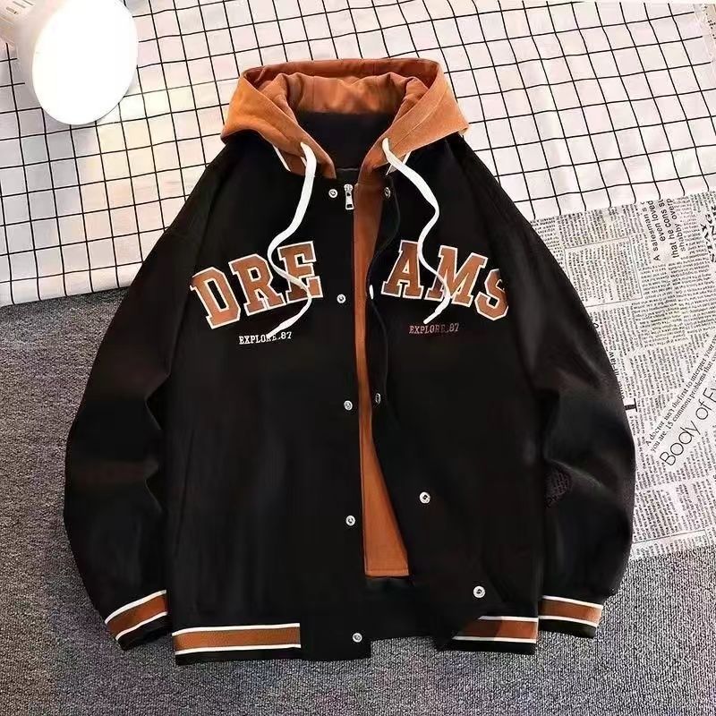 fake two-pieces coats men‘s spring and autumn ins hong kong style loose fashion brand versatile baseball uniform couple hooded jacket men