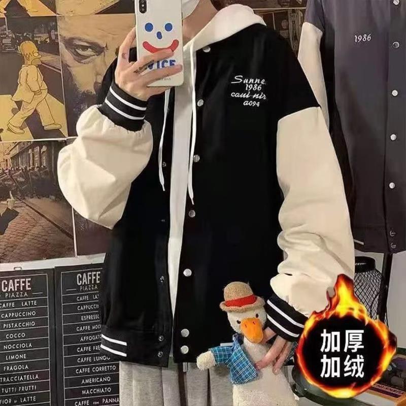 coat men‘s baseball uniform round neck winter plus size hong kong style trendy brand ins student loose all-matching fleece-lined jacket fashion