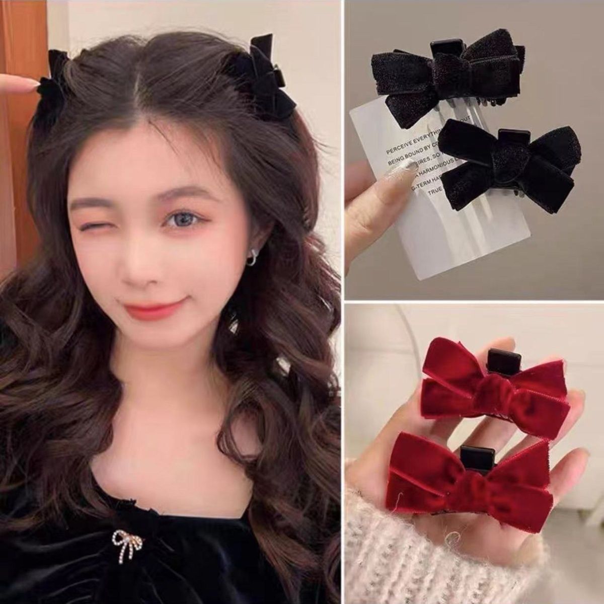 wht same style bangs black velvet bow hairpin headdress double-sided princess hairstyle small jaw clip hairpin female new