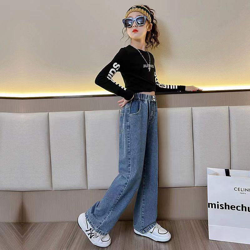 Girls' Jeans Spring and Autumn 2024 New Girls' Big Children Straight-Leg Pants Spring Loose Casual beling Wide-Leg Pants