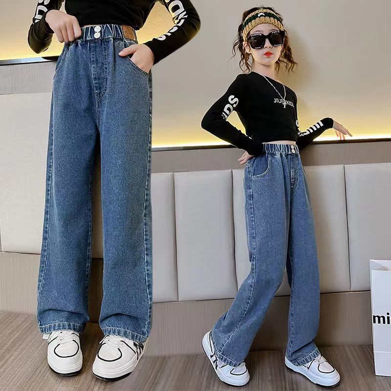 Girls' Jeans Spring and Autumn 2024 New Girls' Big Children Straight-Leg Pants Spring Loose Casual beling Wide-Leg Pants