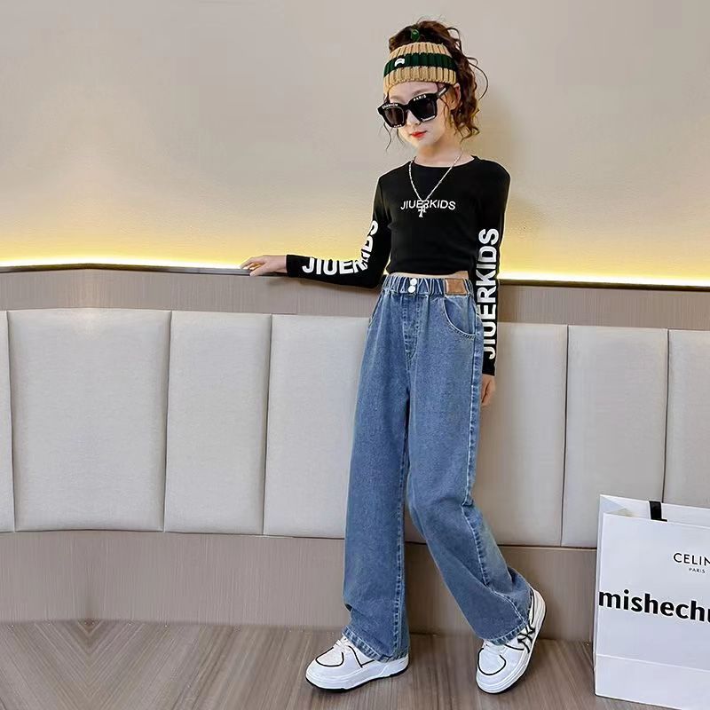 Girls' Jeans Spring and Autumn 2024 New Girls' Big Children Straight-Leg Pants Spring Loose Casual beling Wide-Leg Pants