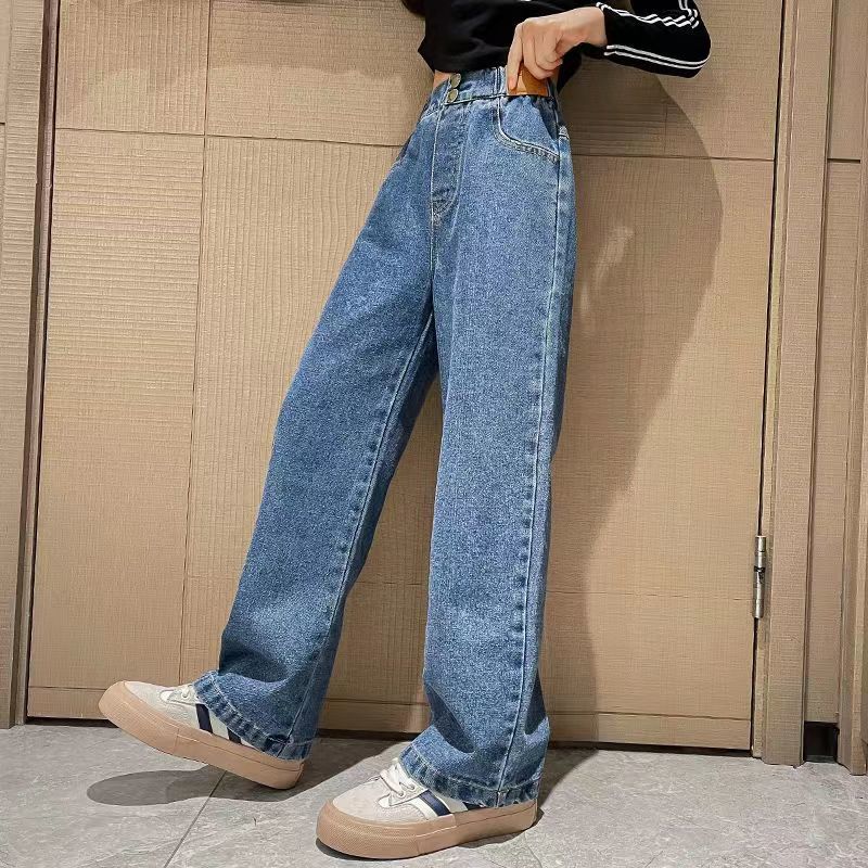 Girls' Jeans Spring and Autumn 2024 New Girls' Big Children Straight-Leg Pants Spring Loose Casual beling Wide-Leg Pants