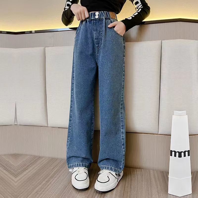 Girls' Jeans Spring and Autumn 2024 New Girls' Big Children Straight-Leg Pants Spring Loose Casual beling Wide-Leg Pants