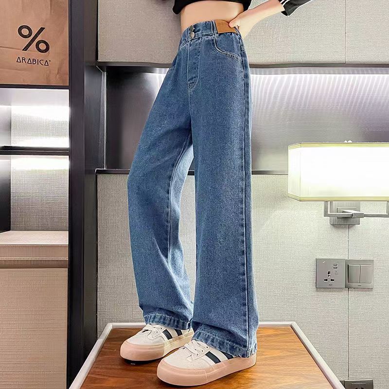 Girls' Jeans Spring and Autumn 2024 New Girls' Big Children Straight-Leg Pants Spring Loose Casual beling Wide-Leg Pants