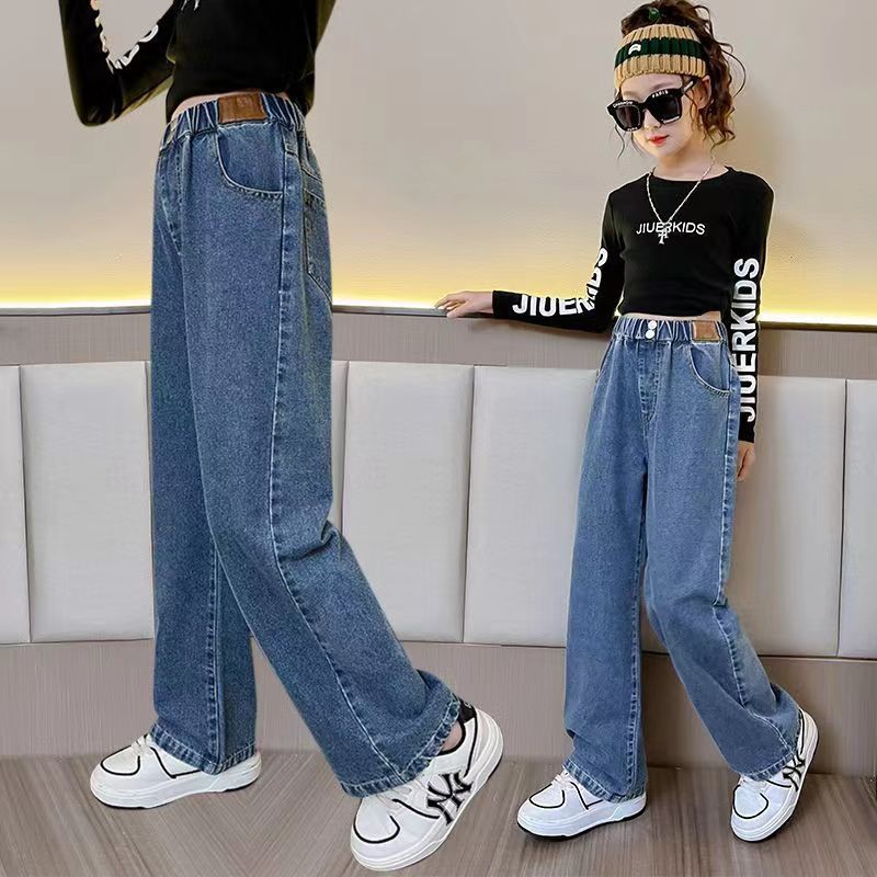 Girls' Jeans Spring and Autumn 2024 New Girls' Big Children Straight-Leg Pants Spring Loose Casual beling Wide-Leg Pants