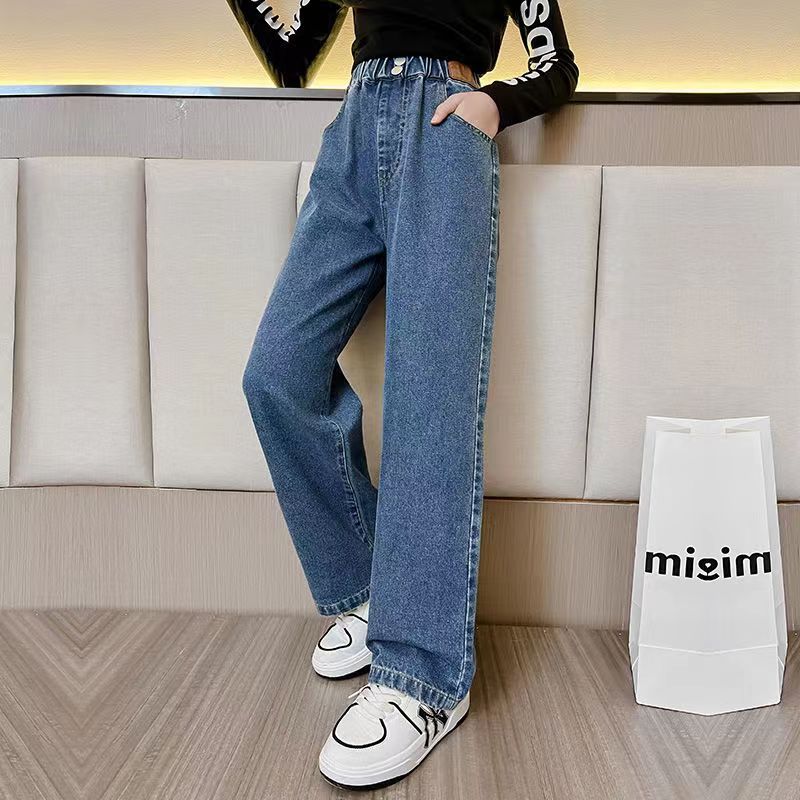 Girls' Jeans Spring and Autumn 2024 New Girls' Big Children Straight-Leg Pants Spring Loose Casual beling Wide-Leg Pants