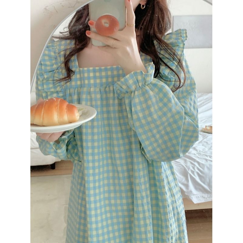 plump girls plus size 150.00kg design plaid night dress women‘s spring and autumn 2023 new loose outer wear home wear 240