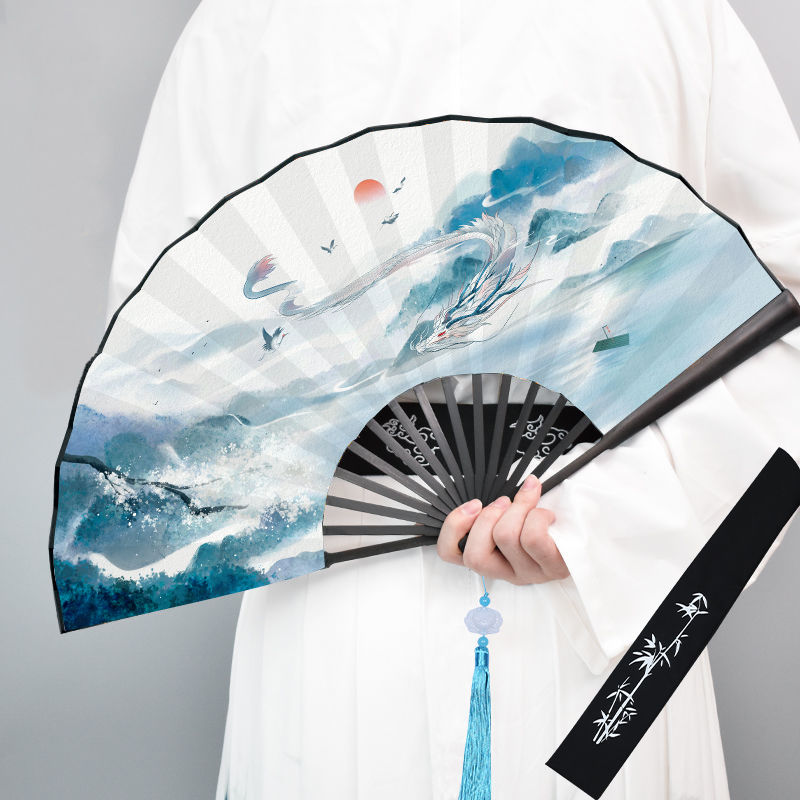 2024 summer new raw silk national fashion fan archaic folding fan student version domineering hanfu men and women carry-on folding fan