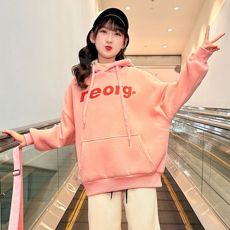 girls‘ sweater fleece-lined thick autumn and winter clothes 2023 new children‘s korean style western style children‘s outer wear hooded sweater