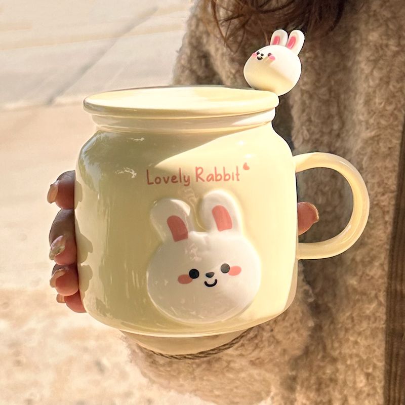 bunny cup mug with lid cartoon drinking cup office birthday gift for sisters ceramic coffee cup for women