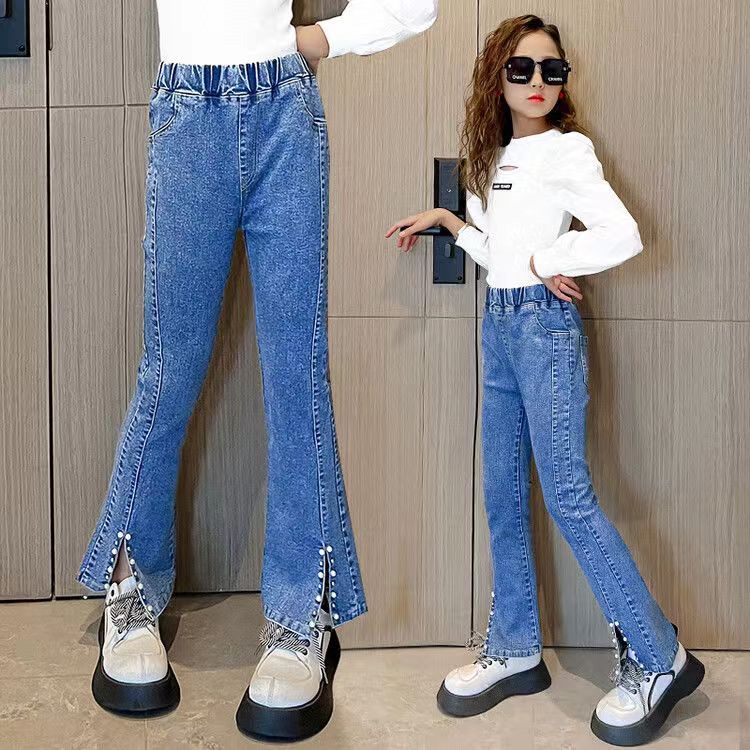 Girls' Bootleg Pants 2024 New Spring and Autumn Fashionable Stretch Casual Western Style Front Slit Jeans for Middle and Big Children