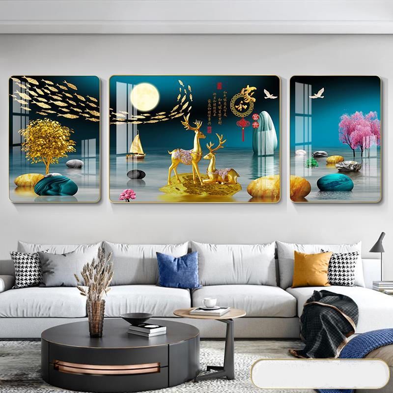 light luxury modern minimalist sofa wall painting landscape rounded corner triptych living room decorative painting crystal porcelain high-end