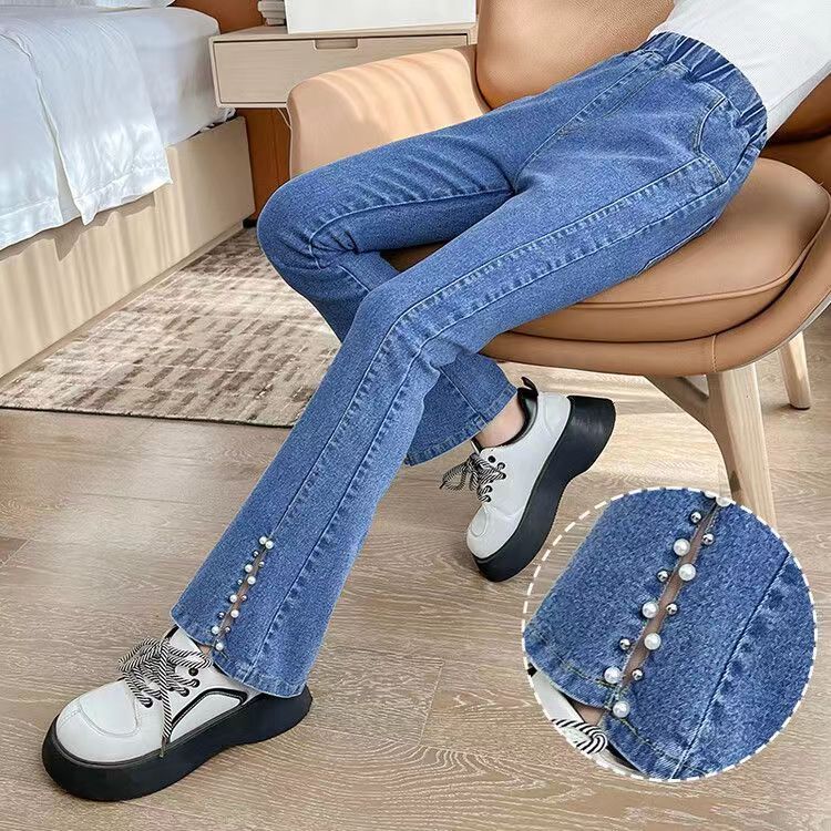 Girls' Bootleg Pants 2024 New Spring and Autumn Fashionable Stretch Casual Western Style Front Slit Jeans for Middle and Big Children