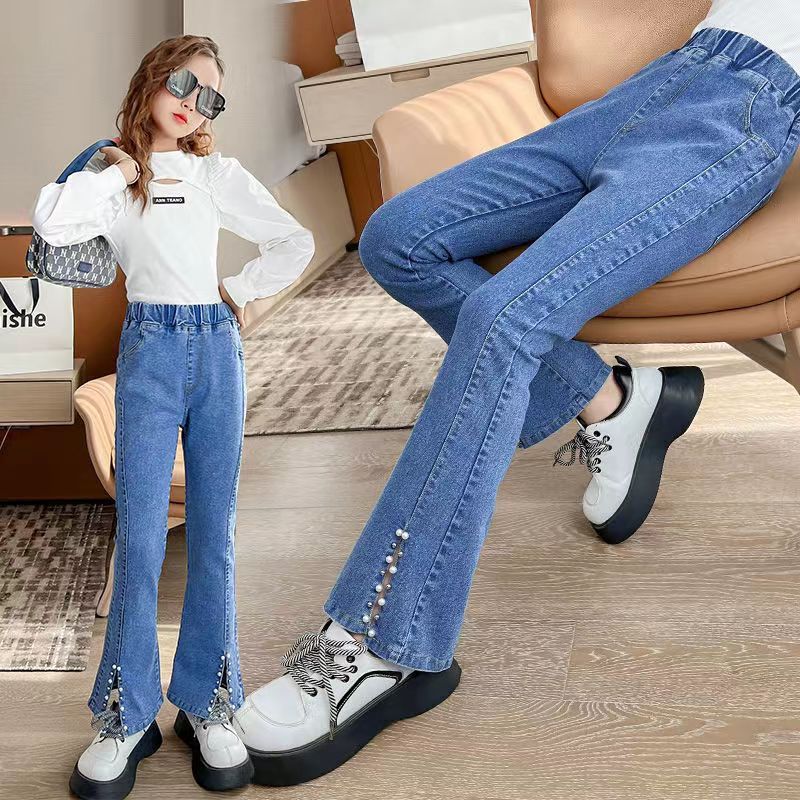 Girls' Bootleg Pants 2024 New Spring and Autumn Fashionable Stretch Casual Western Style Front Slit Jeans for Middle and Big Children