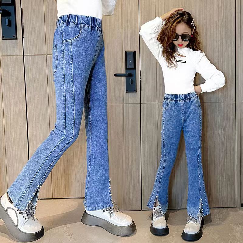 Girls' Bootleg Pants 2024 New Spring and Autumn Fashionable Stretch Casual Western Style Front Slit Jeans for Middle and Big Children