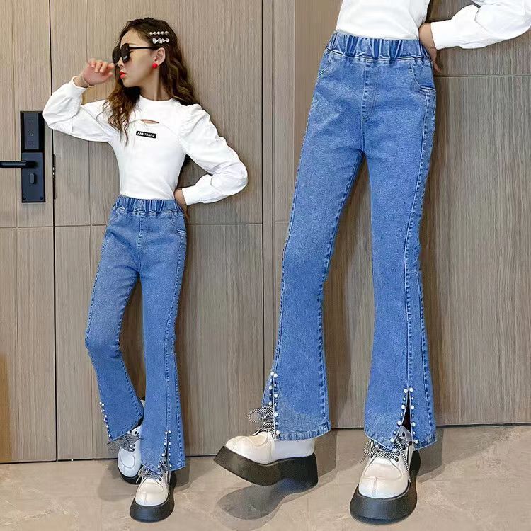 Girls' Bootleg Pants 2024 New Spring and Autumn Fashionable Stretch Casual Western Style Front Slit Jeans for Middle and Big Children