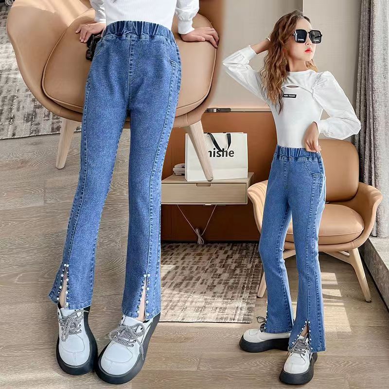 Girls' Bootleg Pants 2024 New Spring and Autumn Fashionable Stretch Casual Western Style Front Slit Jeans for Middle and Big Children