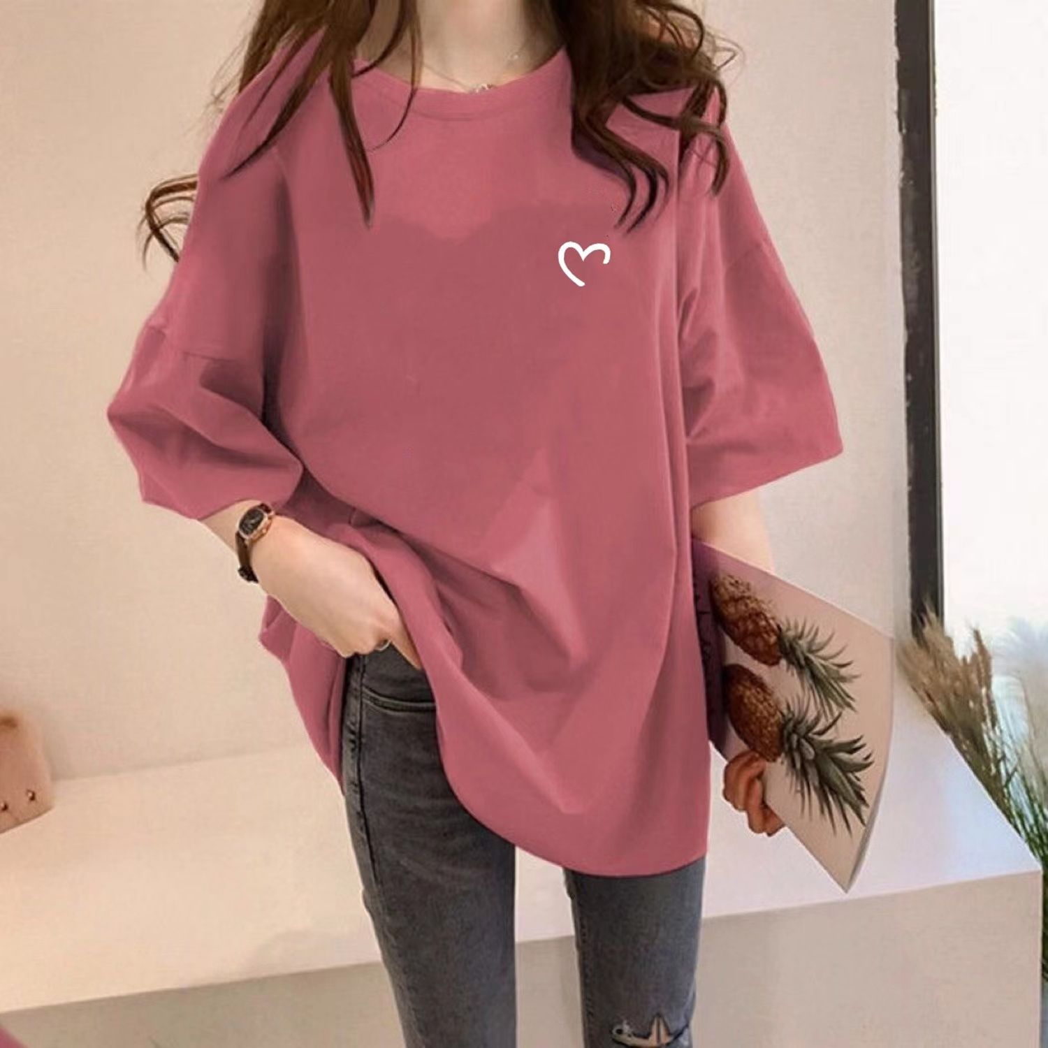 2024 summer new korean style loose large size mid-length short sleeve t-shirt women‘s round neck simple versatile half-length sleeve top