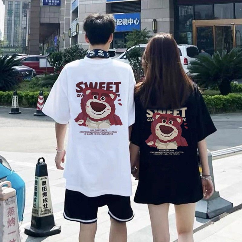 2 pieces/couple‘s summer t-shirt 2024 new internet celebrity strawberry bear couple‘s tops high-grade men‘s and women‘s short sleeve