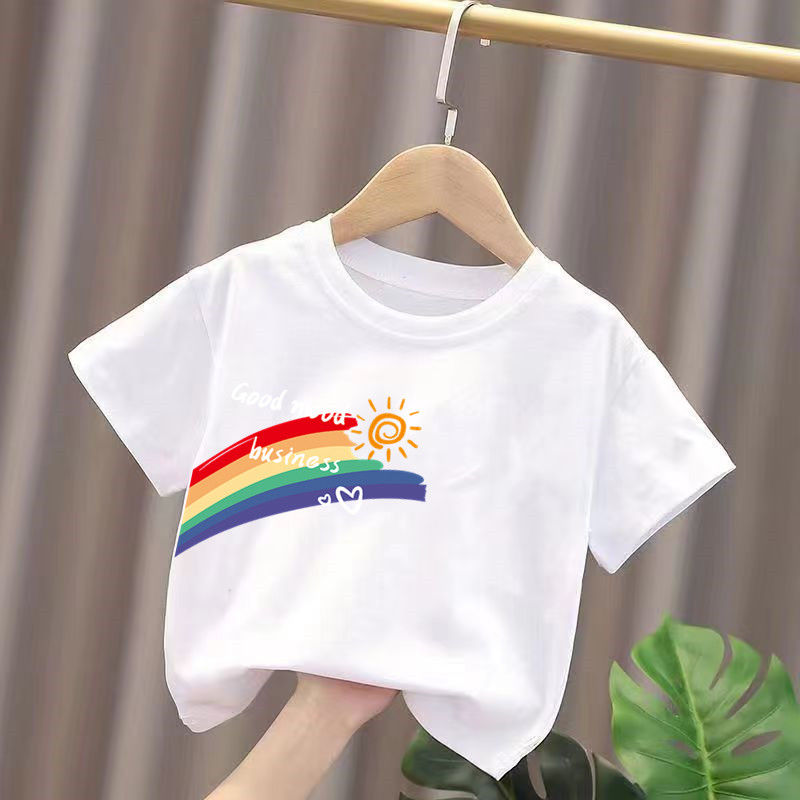 100% cotton boys‘ and girls‘ white short-sleeved t-shirt summer 2024 new small and medium children‘s top bottoming shirt t