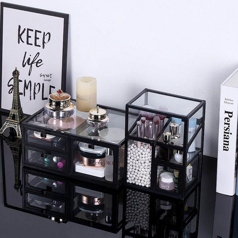 Transparent European Style Glass Cosmetics Storage Box Set Dustproof with Cover Lipstick Perfume Makeup Brush Desktop Storage Rack