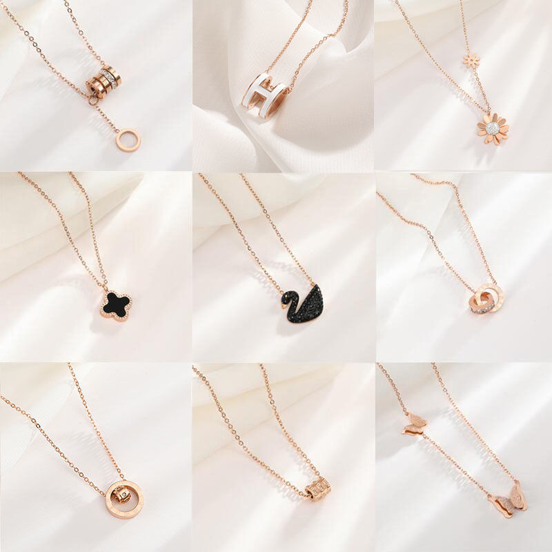 Titanium Steel Bath Non-Fading Necklace Women's Simple Net Red Swan Clavicle Chain Rose Gold New Small Waist Double Ring