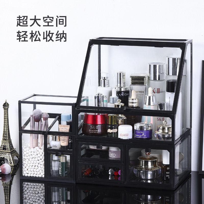 Transparent European Style Glass Cosmetics Storage Box Set Dustproof with Cover Lipstick Perfume Makeup Brush Desktop Storage Rack