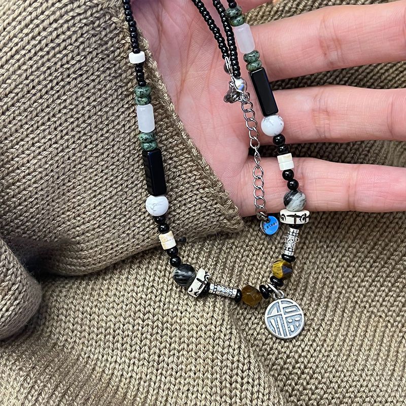 New Chinese Necklace Blessing Card Necklace Vintage Pendant for Safety Necklace Niche Original Design Gravel Beaded Clavicle Chain