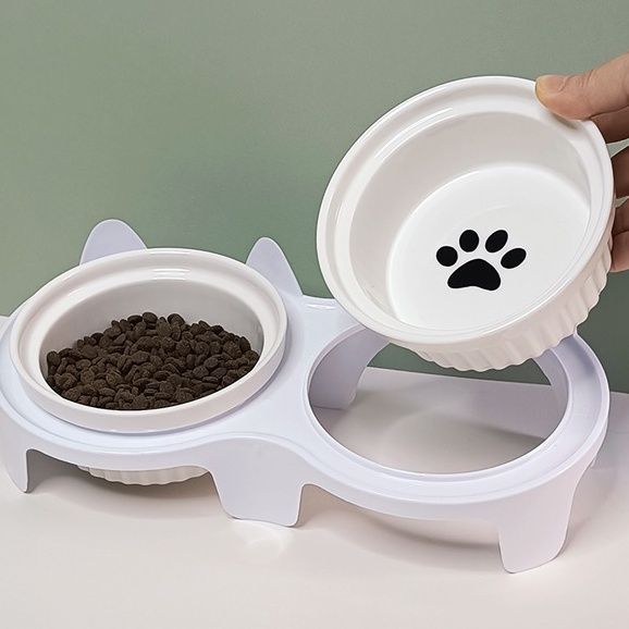 cat bowl ceramic pet cat food bowl double bowl dog bowl anti-tumble oblique mouth neck protection drinking water feeding integrated