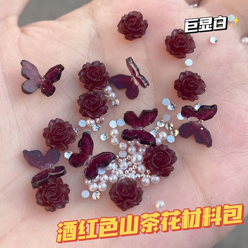 Hot Girl Red Camellia Nail Ornament Material Package Rattan Coral Butterfly Nail Ornament for Nail Beauty Shop