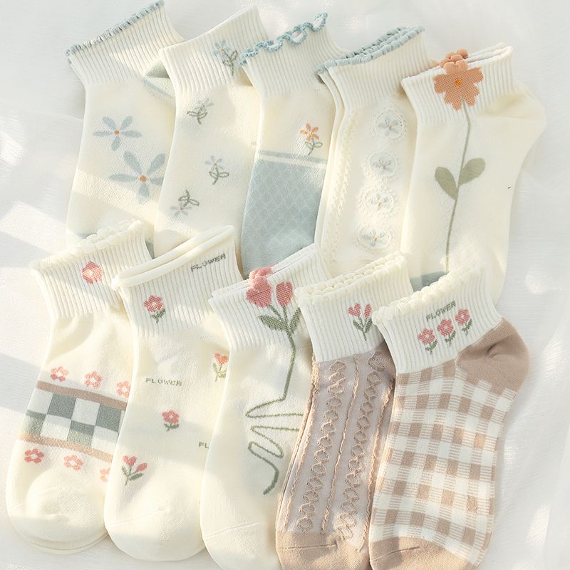 women‘s summer thin socks tulip student cute japanese style all-match fresh girls‘ boat socks white