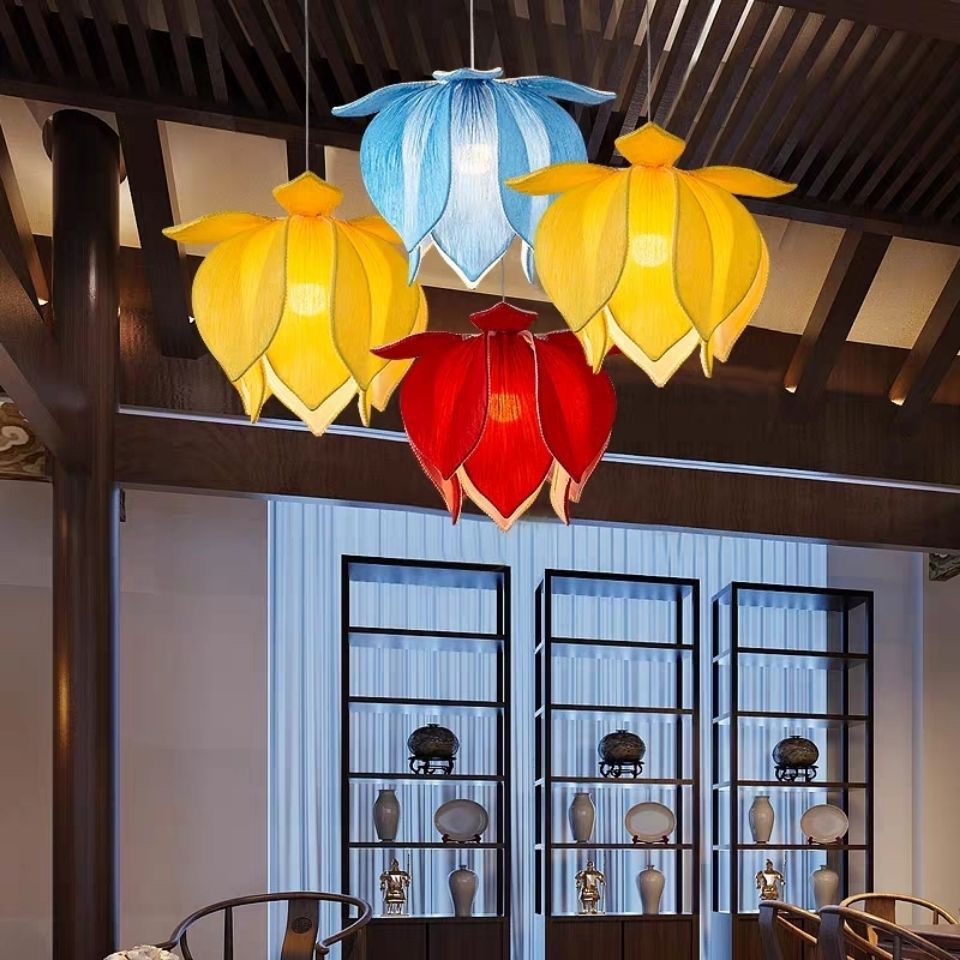 New Chinese Lotus Pendant Lamp Creative Fabric Chinese Style Lotus Antique Buddhist Hall Zen Tea House Room Restaurant Lantern