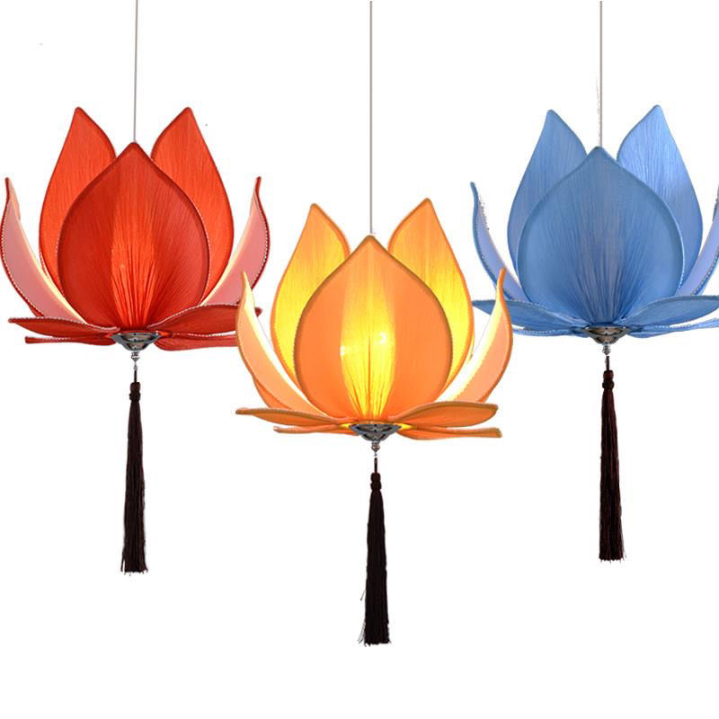 New Chinese Lotus Pendant Lamp Creative Fabric Chinese Style Lotus Antique Buddhist Hall Zen Tea House Room Restaurant Lantern