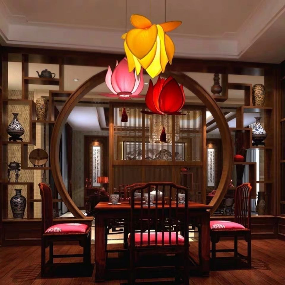 New Chinese Lotus Pendant Lamp Creative Fabric Chinese Style Lotus Antique Buddhist Hall Zen Tea House Room Restaurant Lantern