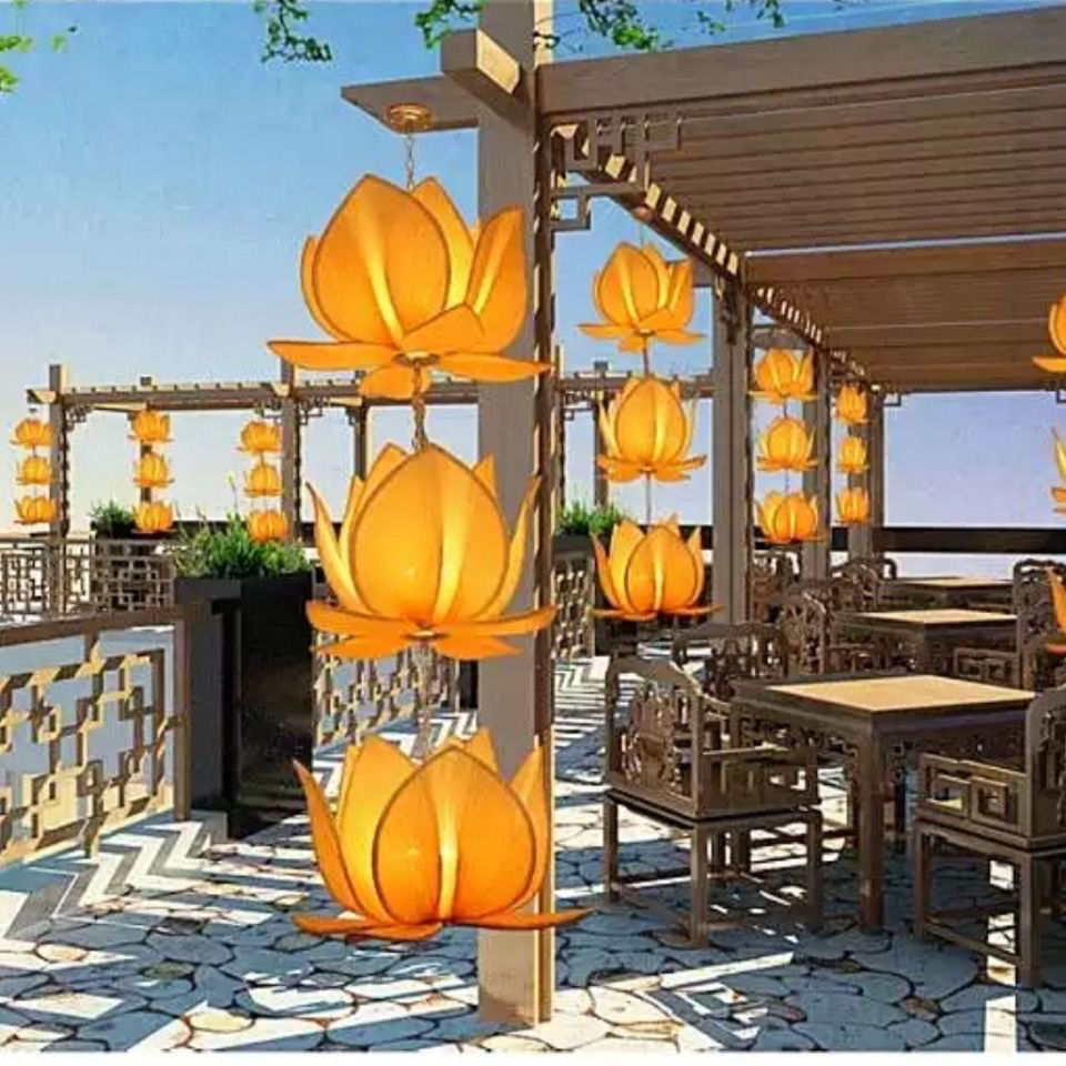 New Chinese Lotus Pendant Lamp Creative Fabric Chinese Style Lotus Antique Buddhist Hall Zen Tea House Room Restaurant Lantern