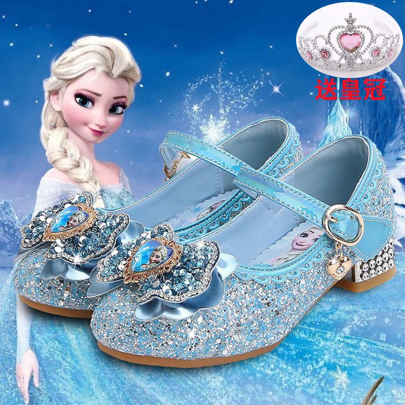 girls‘ elsa princess shoes spring and autumn soft bottom children‘s frozen high heel crystal shoes pumps catwalk show leather shoes